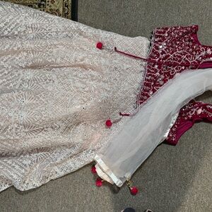 Elegant Red and Cream Embroidered Indian skirt and top